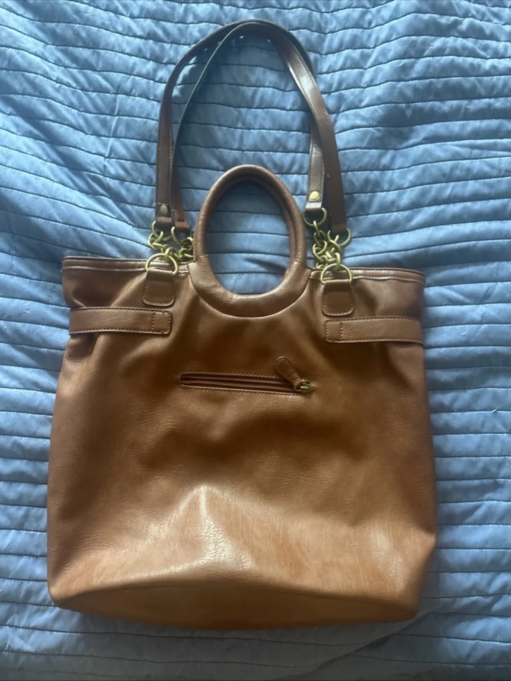 Nicole Miller Brown Woven‎ Front Tote with Gold Plaque